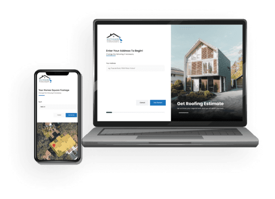 Roofing estimate website displayed on laptop and mobile phone screens