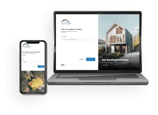 Roofing estimate website displayed on laptop and mobile phone screens