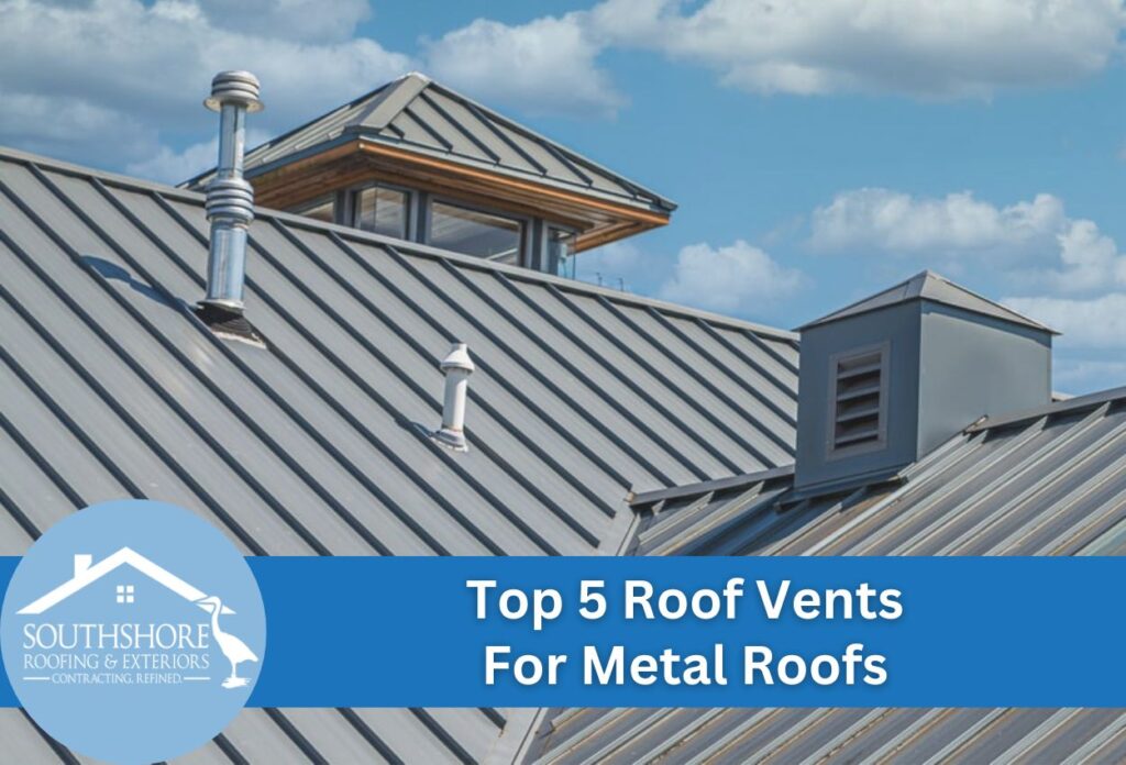 Modern metal roof with vents and dormer window under blue cloudy sky