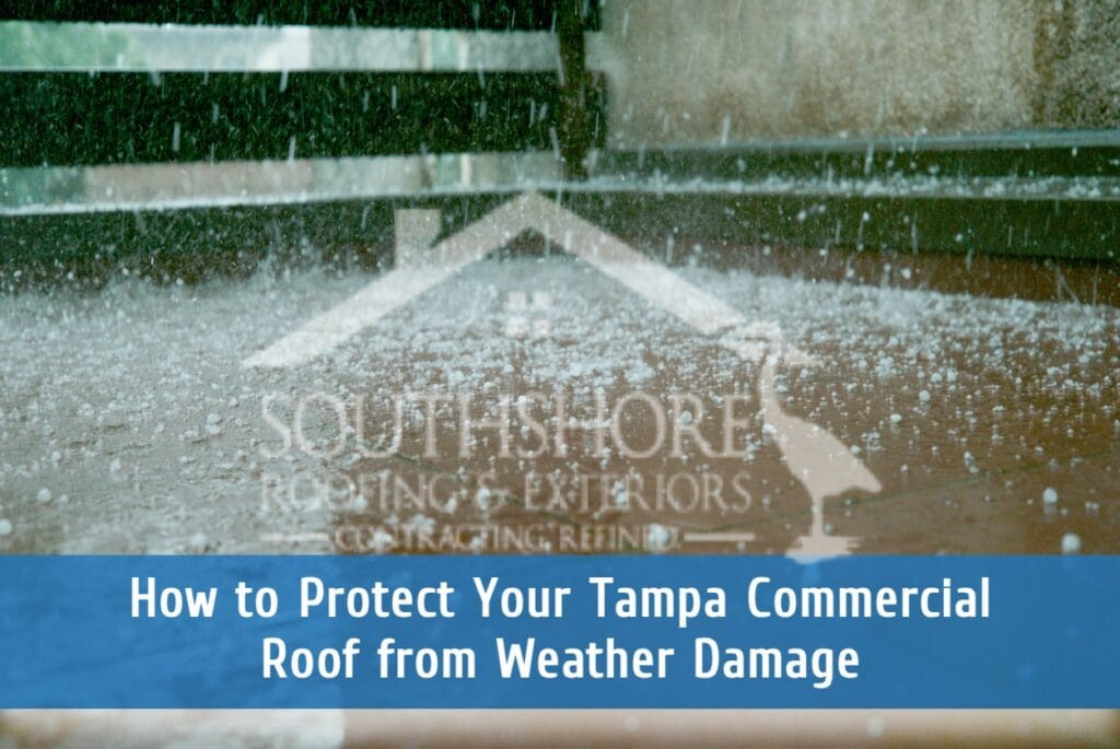 Heavy rain falling on Tampa commercial roof with water pooling and drainage issues