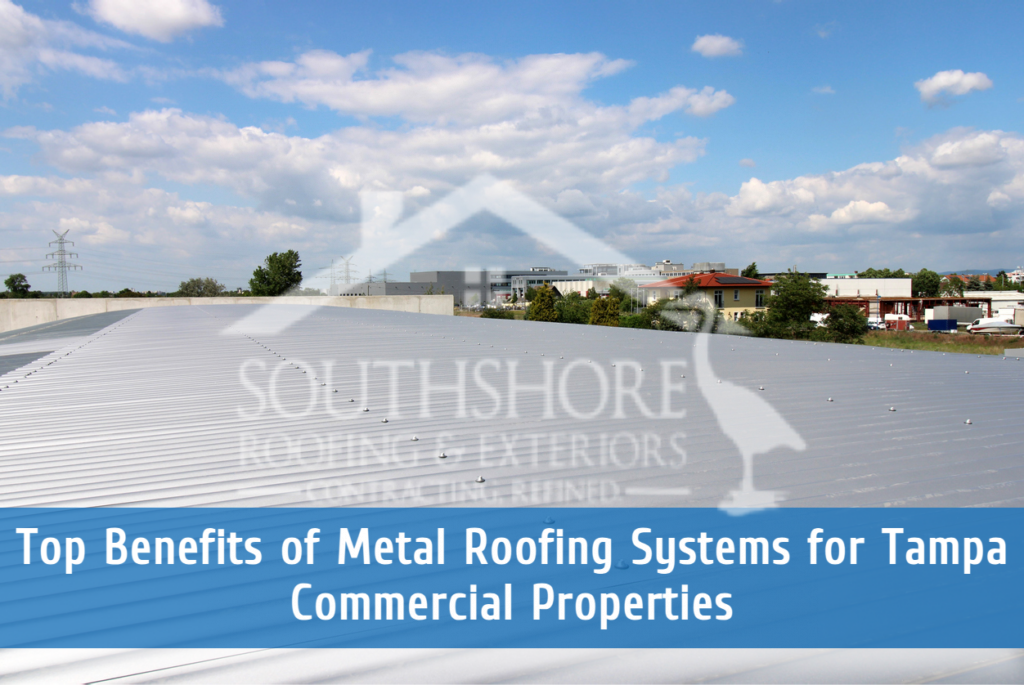 Commercial metal roofing system on industrial building under blue sky
