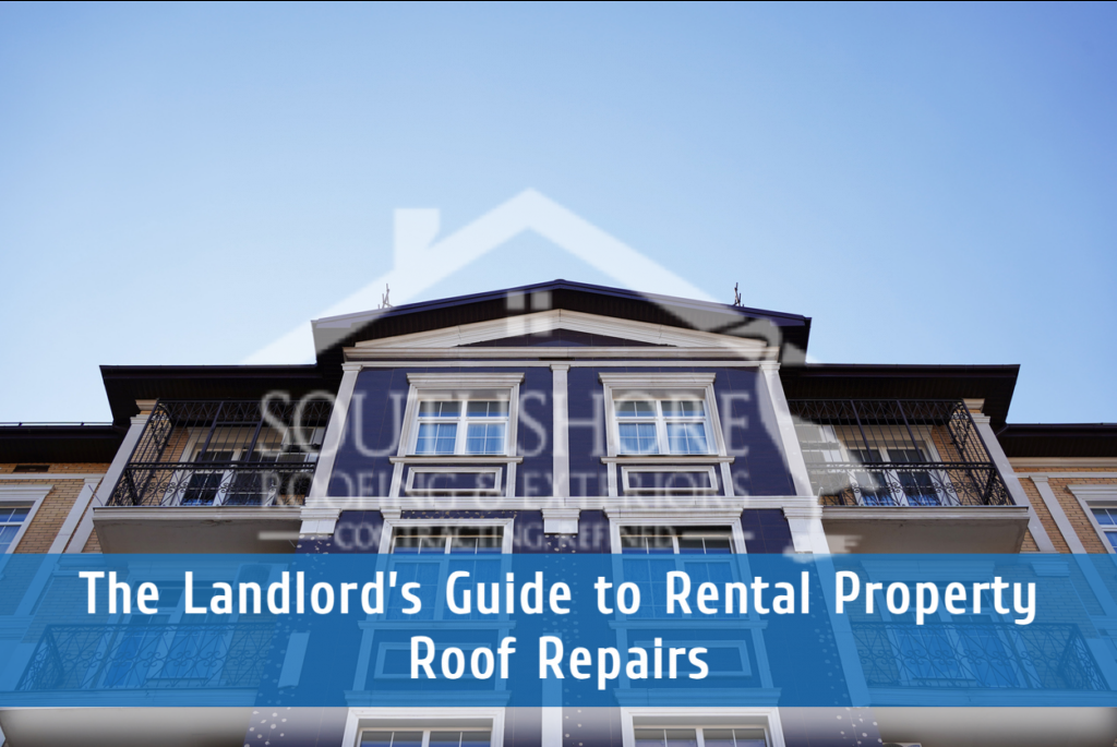 Rental property building with blue overlay text about landlord roof repair guide