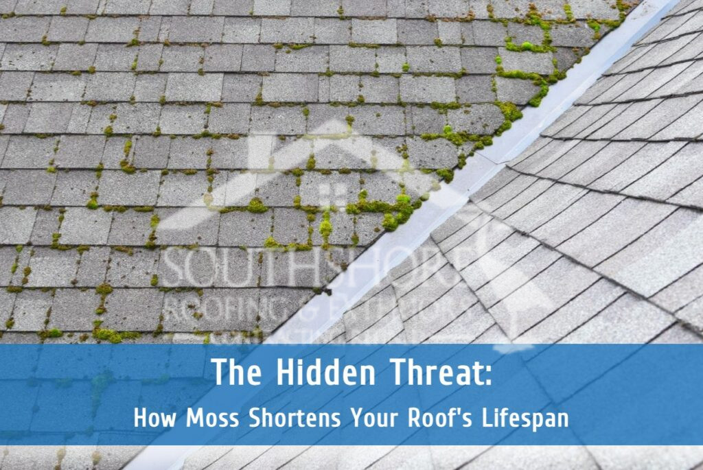 Moss-covered roof shingles showing damage and deterioration on residential home