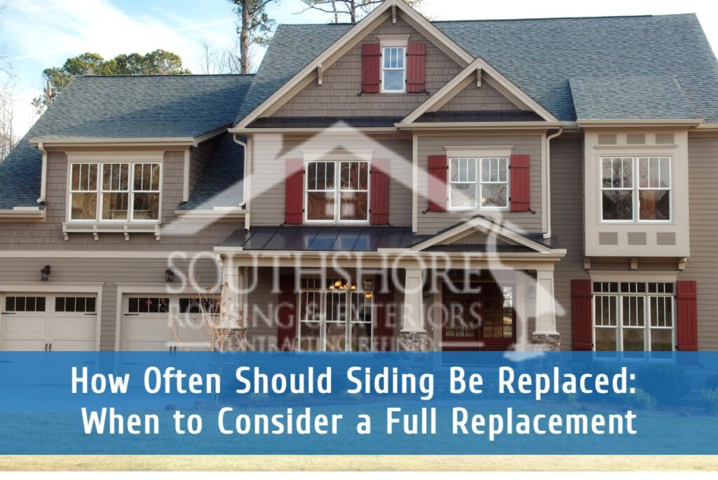 Two-story home with gray siding and red shutters featuring siding replacement guide