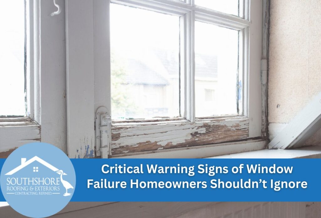 Damaged window with peeling paint and rotting wood frame showing signs of failure