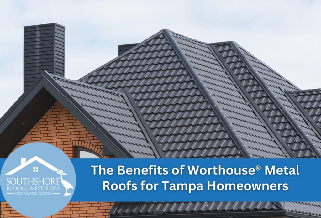 Modern gray metal tile roof with brick chimney on residential home