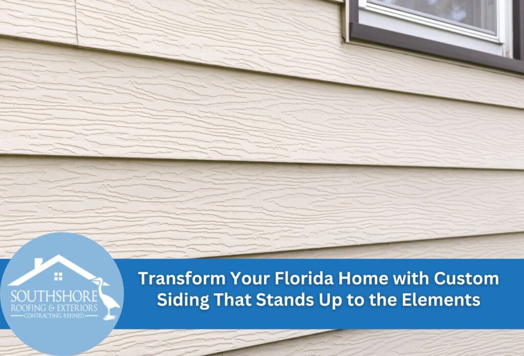 Beige wood-textured vinyl siding on home exterior with company logo overlay