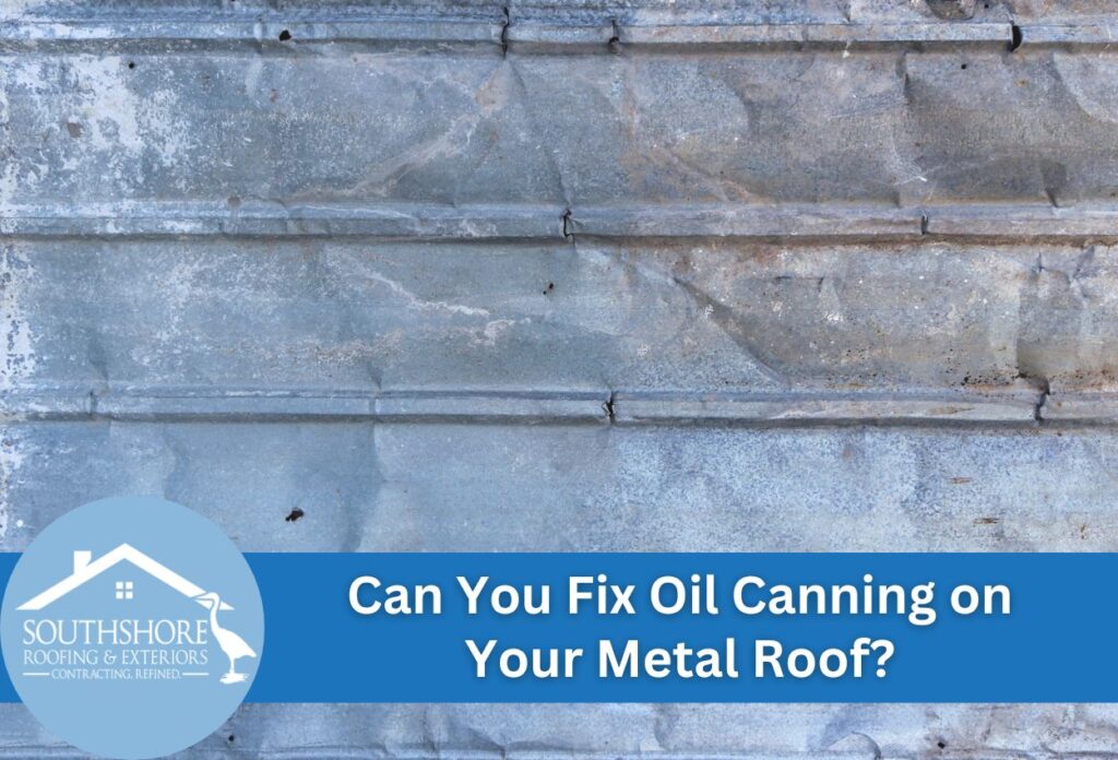 Weathered metal roof panels showing oil canning defects with visible waves and ripples