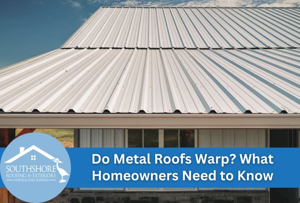 White corrugated metal roof panels on residential building against blue sky