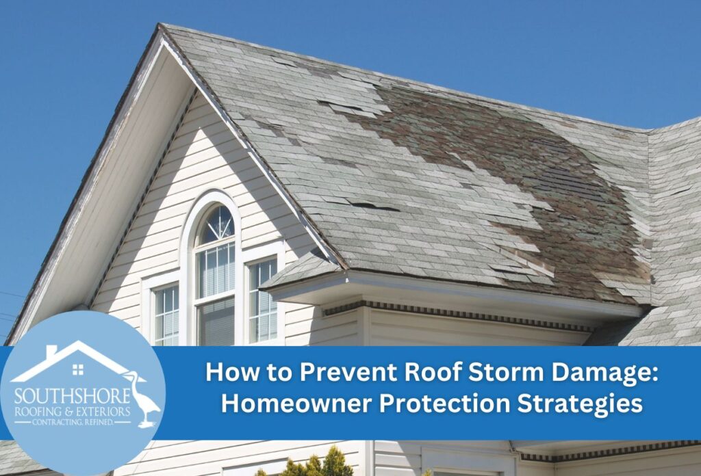Damaged roof shingles on residential house showing storm damage and weathering