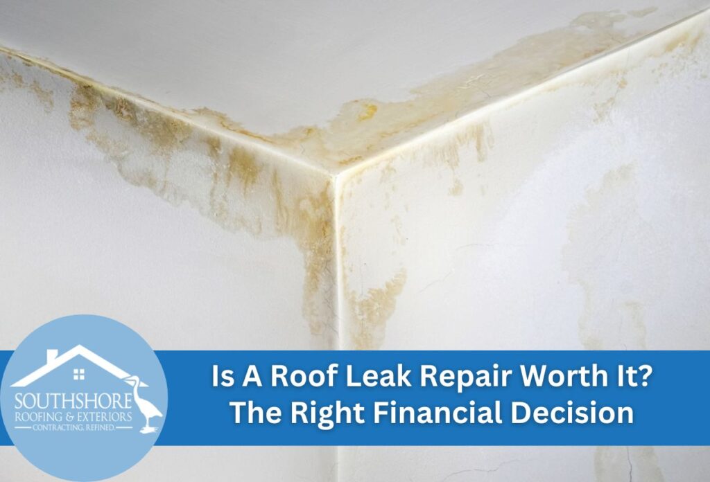 Water damage and mold stains on white ceiling corner from roof leak repair issues
