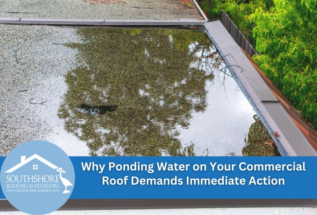 Commercial flat roof with ponding water and algae growth requiring immediate repair