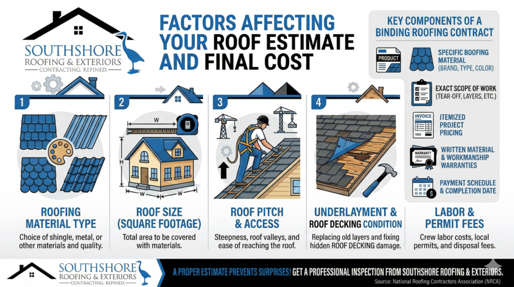 Infographic detailing factors affecting roof estimates and final costs.