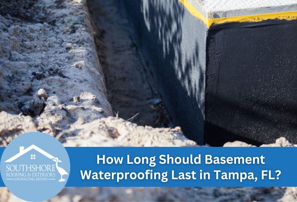 Dug trench showing newly applied basement waterproofing in Tampa, FL.