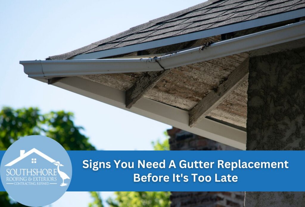 Close-up of a sagging gutter on a residential roof.