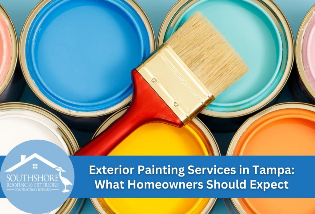 Colorful open paint cans with a brush for exterior painting services