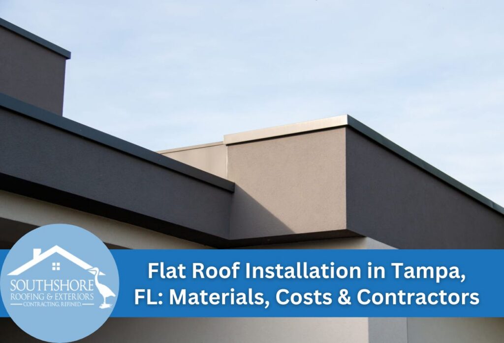 Modern flat roof architecture in Tampa, FL with blue sky background.