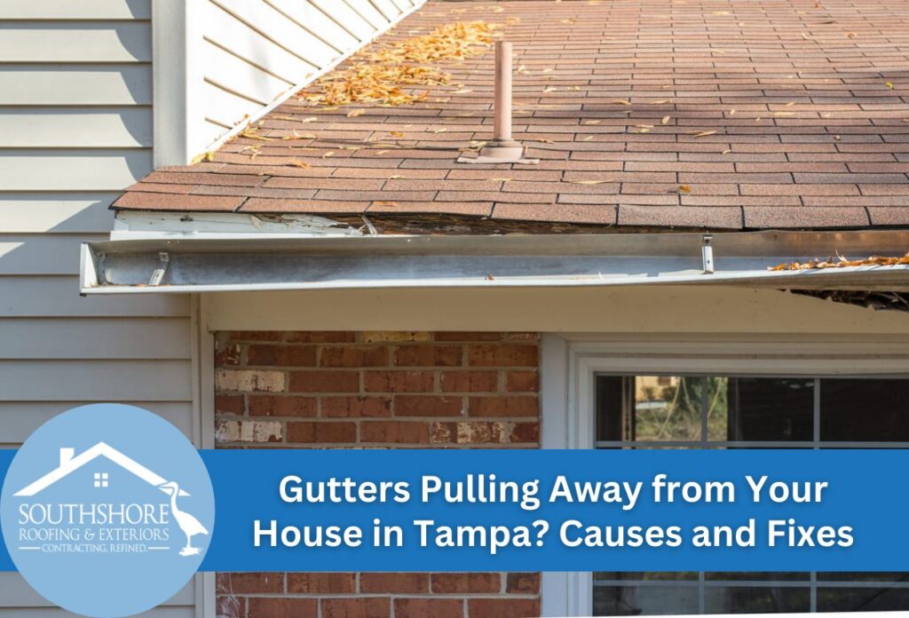 Detached gutters on a house roof with fallen leaves accumulation.