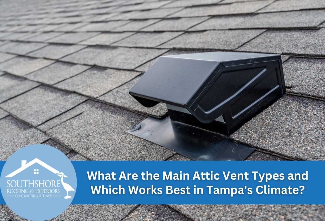 Close-up view of an attic vent on a shingled roof in daylight.