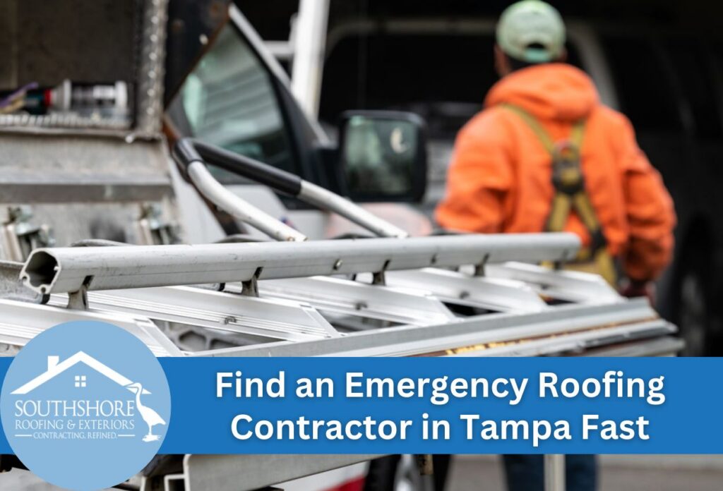 Emergency roofing contractor with ladder in Tampa ready for quick service.