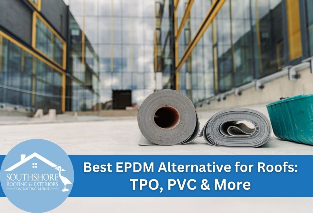 Rolled roofing materials with modern building background.