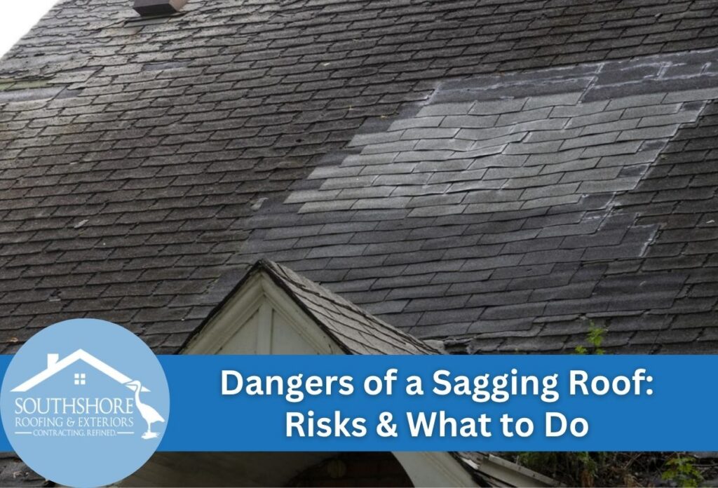 Sagging roof with visible shingles and repair patch