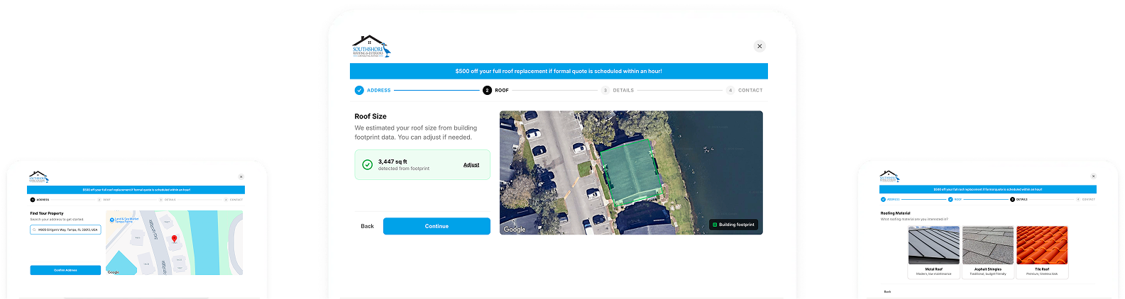 Interactive roofing estimation tool displayed on various devices.