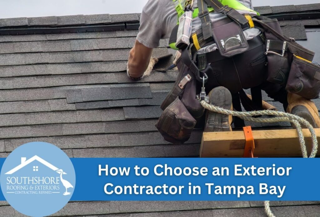 Roofer working on shingles with safety gear in Tampa Bay region.