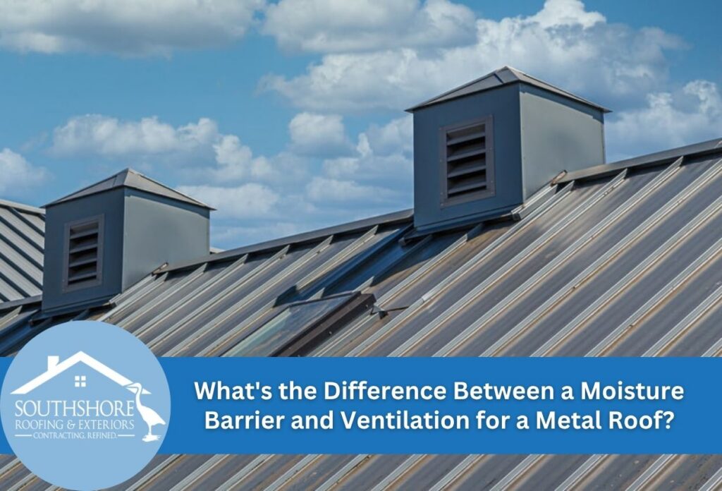 Close-up of a metal roof with ventilated dormers against a blue sky